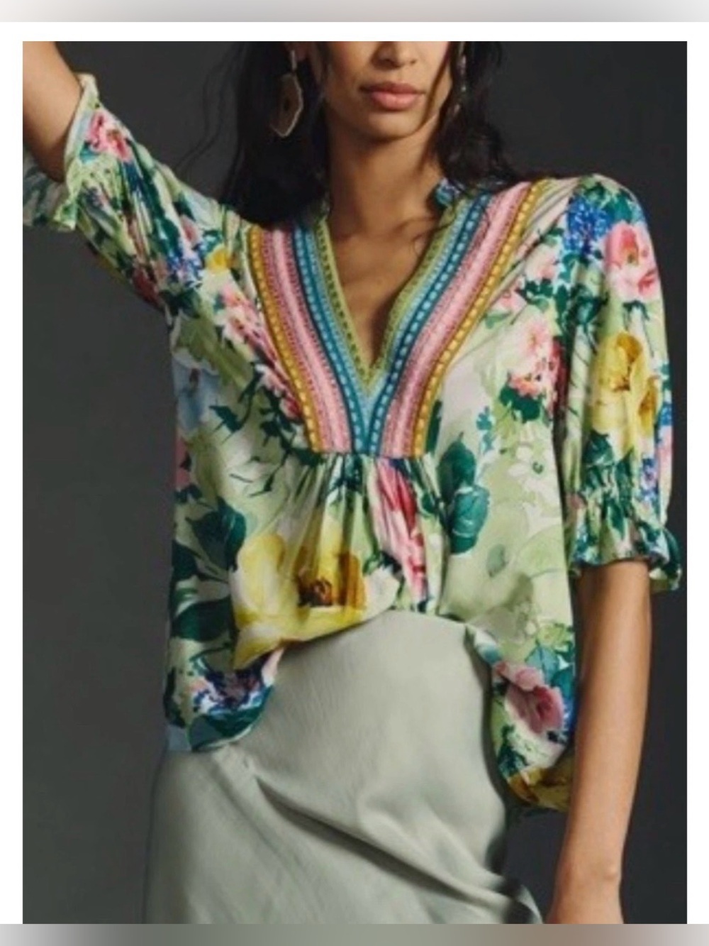 BI^nk London Anthropologie STEPHANIE Floral V-Neck Top pink green - Picture 2 of 10